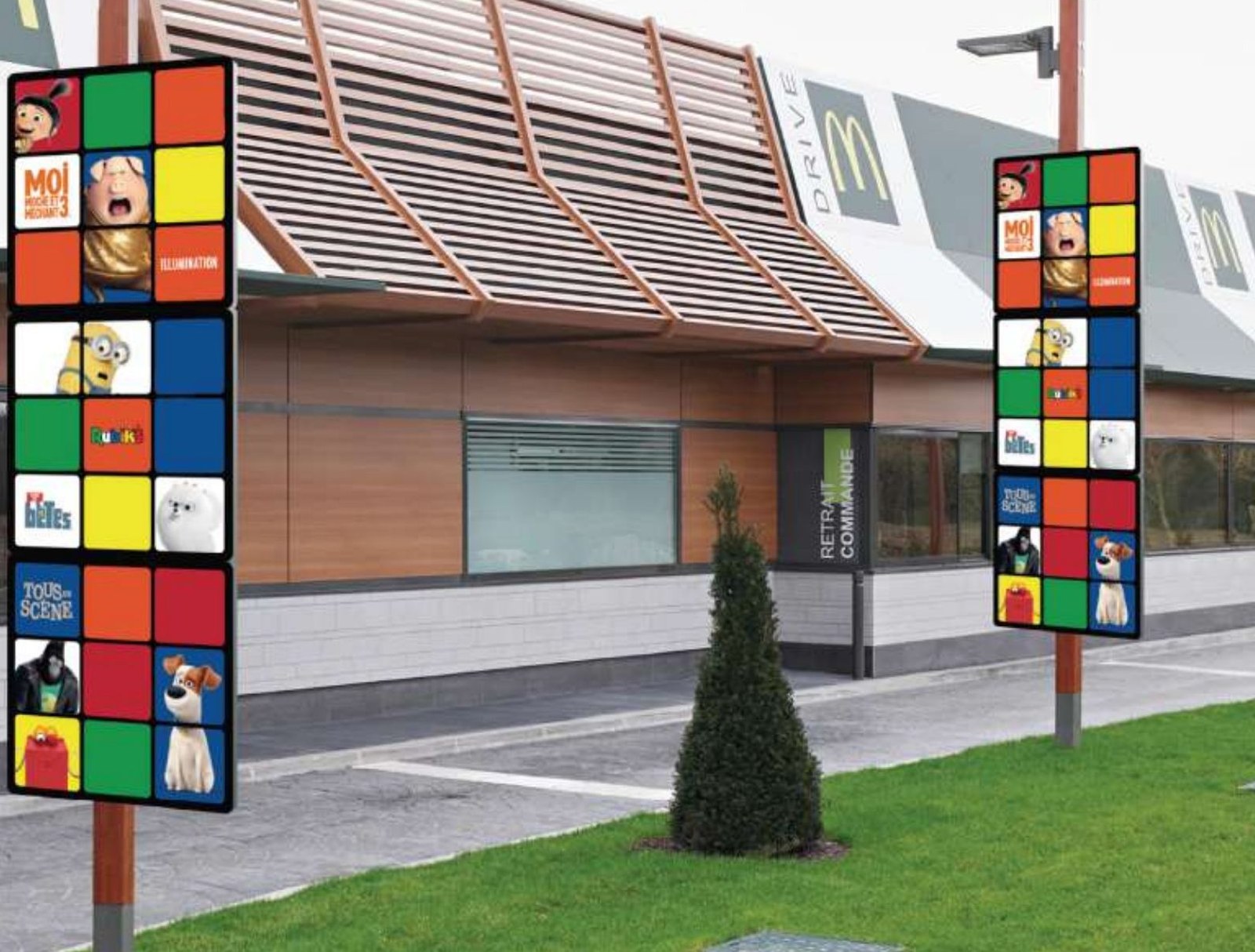McDonalds outdoor display featuring Rubik's branded characters.